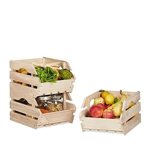 Produktbild: Relaxdays Stapelkisten Holz, 3er Set Stapelbox universal, stabile Lagerkisten zum Stapeln, HxBxT: 20x27,5x38 cm, natur
