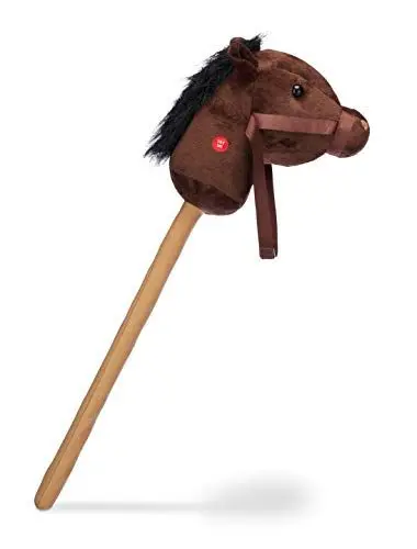 Produktbild: Relaxdays Steckenpferd Kinder, mit Sound, aus Holz & Plüsch, niedliches Stockpferd, Wiehern & Hufgetrappel, 67 cm, braun