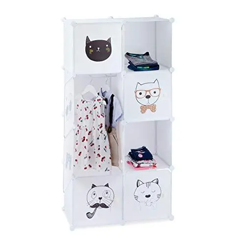 Produktbild: Relaxdays Steckregal Kinderzimmer, Katzen Motiv, 7 Fächer, Kleiderstange, Kleiderschrank HxBxT: 145 x 74 x 36,5 cm, weiß