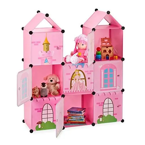 Produktbild: Relaxdays Steckregal Kinderzimmer, Prinzessinnenschloss, Kunststoff, DIY Schrank mit Türen, HBT: 128 x 110 x 37 cm, rosa