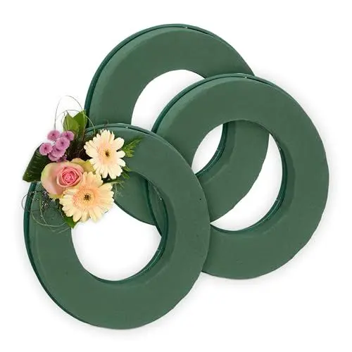 Produktbild: Relaxdays Steckschaum für Frischblumen, 3er Set, Ring, Ø 25 cm, Blumengesteck zum Basteln, Schaumstoff Steckkranz, grün