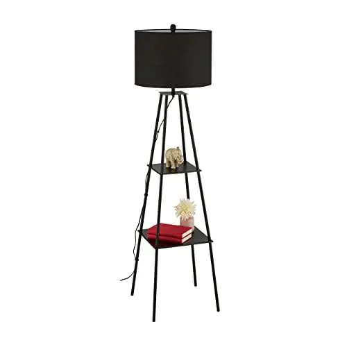 Produktbild: Relaxdays Stehlampe mit Regal, 2 Ablagen, Stoffschirm, HxD: 149 x 40 cm, Fußschalter, E27, Stehleuchte, Stahl, schwarz