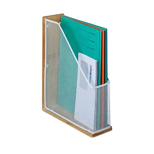 Produktbild: Relaxdays Stehsammler Bambus u. Metallgeflecht, A4 bis C4, HxBxT: 33 x 9 x 26,5 cm, Zeitschriftensammler, natur-weiß