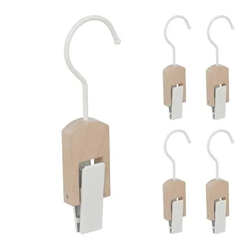 Produktbild: Relaxdays Stiefelhaken 5er Set, Eisen & Holz, Klemmhaken zum Aufhängen, gummierte Clips, Haken mit Klammer, weiß/natur, 19 x 6 x 3 cm