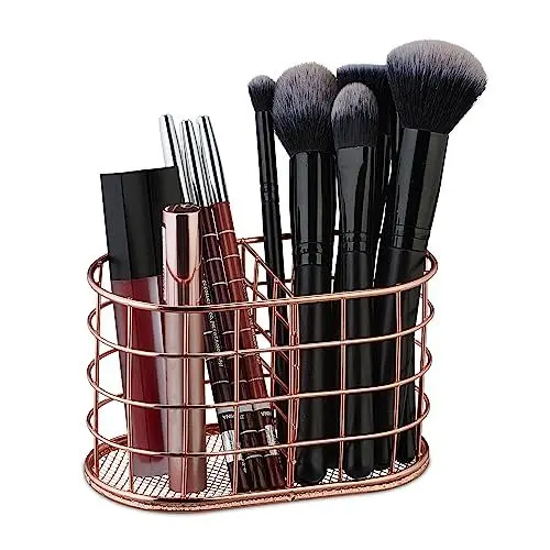 Produktbild: Relaxdays Stiftehalter, 2 Fächer, Pinselhalter Kosmetik, Metall, Stiftebecher Schreibtisch, HBT: 9 x 15 x 8 cm, roségold