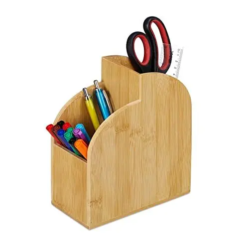 Produktbild: Relaxdays Stiftehalter Bambus, Schreibtisch Organizer, Büro, 2 Fächer, HBT: 20x17x9 cm, Stiftebox, Stiftebecher, Natur