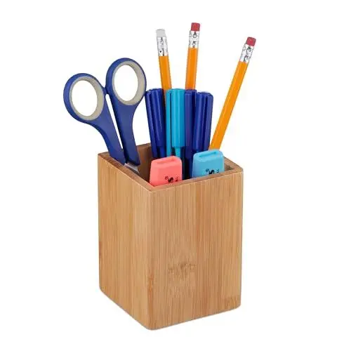 Produktbild: Relaxdays Stiftehalter Bambus, für Stifte u. Make-Up-Pinsel, HxBxT: 11 x 8 x 8 cm, Stiftebecher für Schreibtisch, Natur