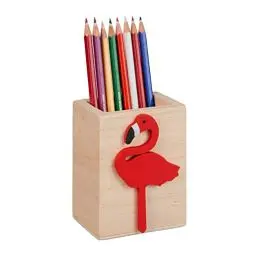 Produktbild: Relaxdays Stiftehalter Flamingo, Holz, HxBxT: 10 x 8 x 6 cm, Kinder Stiftebox für Schreibtisch, Pinselhalter, Natur/rot