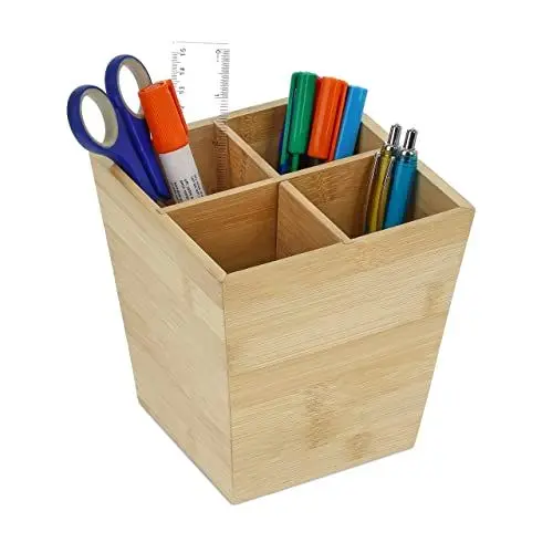 Produktbild: Relaxdays Stiftehalter, Stifteorganizer mit 4 Fächern, Schreibtisch, HBT: 15,5 x 14,5 x 14,5 cm, Bambus Stiftebox, Natur