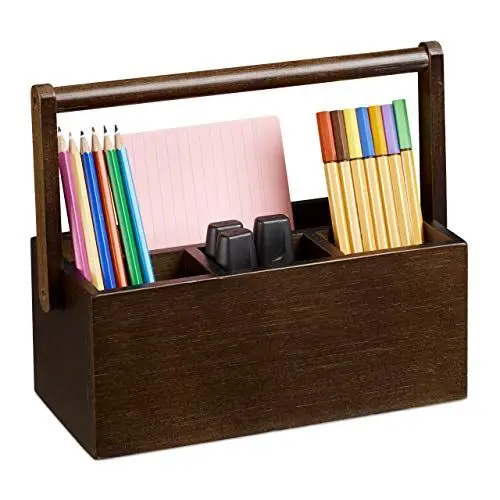 Produktbild: Relaxdays Stiftehalter, Tischorganizer aus Bambus, mit Henkel, Büro Organisation, 4 Fächer für Stifte, Dunkelbraun, H x B x T: ca. 20 x 25 x 11,5 cm, Dark Brown