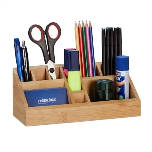 Produktbild: Relaxdays Desk Organiser Stiftehalter, eckiger Schreibtischoganizer Bambus, 10 Fächer, modernes Design, Büro, 9,5 x 23 x 9 cm, Natur, Holz, 1 Stück