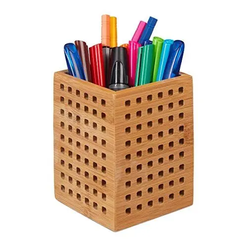 Produktbild: Relaxdays Stiftköcher Bambus, Stiftebecher Schreibtisch, Landhausstil, HxBxT: 11,5 x 9 x 9 cm, Stiftehalter, natur