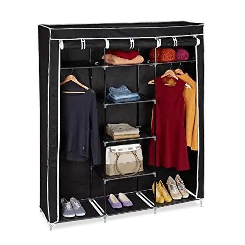 Produktbild: Relaxdays Stoffkleiderschrank, 9 Fächer, 2 Kleiderstangen, HBT: 173 x 148 x 43 cm, Camping, Keller, Faltschrank, schwarz, Stoff, H x B x T: ca, 10019122-46