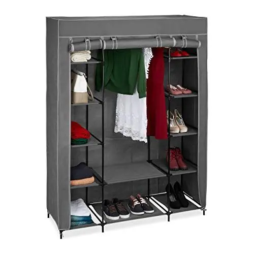 Produktbild: Relaxdays Stoffschrank mit Kleiderstange & 12 Ablagen, HBT: 175x135x45cm, Kleiderschrank mit Reißverschluss, anthrazit
