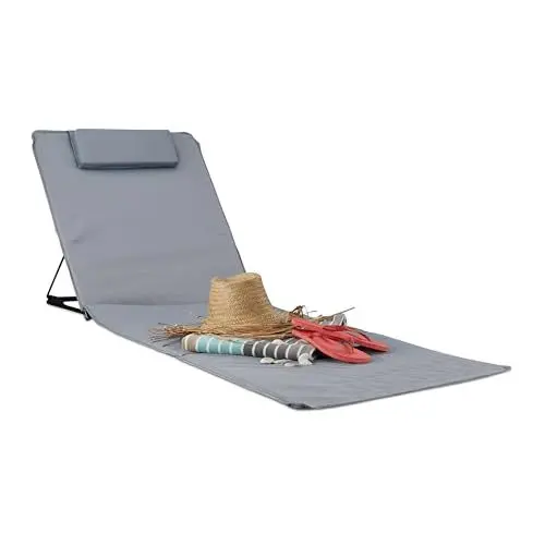Produktbild: Relaxdays Strandmatte XXL, B x T: 60 x 195 cm, gepolsterte Sonnenliege mit Kopfkissen, verstellbar, Tragetasche, grau