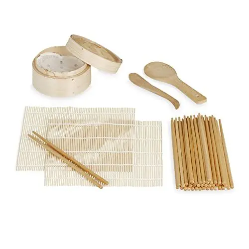 Produktbild: Relaxdays Sushi Set, Bambus, 2 Sushimatten, Dampfgarer, 20 Paar Essstäbchen, Reislöffel, Reisspatel, Sushimaker, Natur