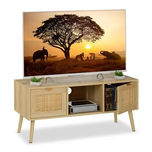 Produktbild: Relaxdays TV-Lowboard, Rattan-Design, Fernsehtisch für bis zu 43 Zoll, Holzoptik, HBT: 45,5x100x40 cm, TV-Bank, Natur