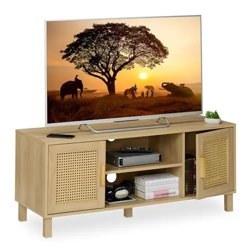 Produktbild: Relaxdays TV-Lowboard, Rattan-Design, Fernsehtisch für bis zu 50 Zoll, Holzoptik, HBT: 48 x 115 x 40 cm, TV-Bank, Natur