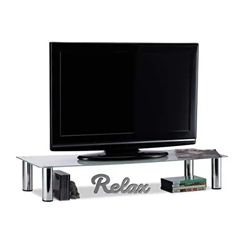 Produktbild: Relaxdays TV-Tisch Glas, verchromte Metallbeine, Bildschirmerhöhung, rechteckig, Glasaufsatz, 100x35x17 cm, weiß/Silber