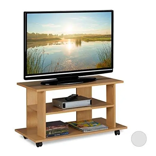 Produktbild: Relaxdays TV Board mit Rollen, 2 Fächer f. Fernseher, Konsole & Receiver, fahrbarer Fernsehtisch, HBT 45x80x40 cm, natur, Holzoptik