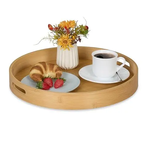 Produktbild: Relaxdays Tablett, Bambus, MDF, H x D: 5 x 40 cm, Serviertablett mit Griffen, hoher Rand, rundes Küchentablett, Natur