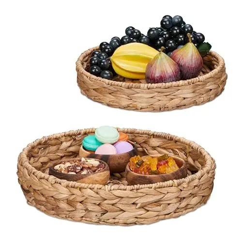 Produktbild: Relaxdays Tablett Set, 2 runde Serviertabletts, versch. Größen, Ø 32 & 25 cm, Dekotablett aus Wasserhyazinthe, Natur