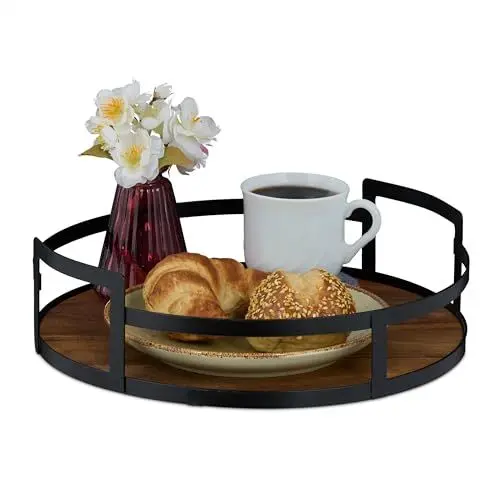 Produktbild: Relaxdays Tablett rund, Holz und Eisen, HxD 8,5x30,5 cm, Serviertablett, Griffe, hoher Rand, Dekotablett, braun/schwarz