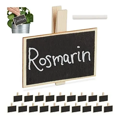 Produktbild: Relaxdays Tafelklammern, 20er Set, zum Beschriften, wiederverwendbar, inkl. Kreide, Pflanzschilder, Holz, natur/schwarz
