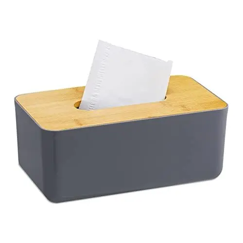 Produktbild: Relaxdays Taschentuchbox, nachfüllbar, Badezimmer, Tücherbox, Bambus-Deckel, Kunststoff, HxBxT: 10x23x13 cm, grau/Natur