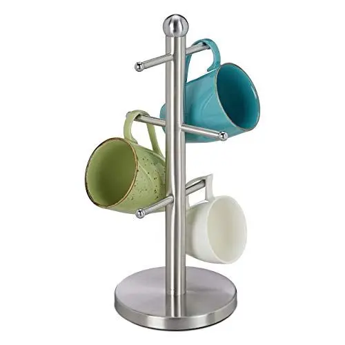 Produktbild: Relaxdays Tassenhalter, mit 6 Stangen, zum Hinstellen, Edelstahl, für Kaffeebecher, Küche, runder Tassenbaum, silber