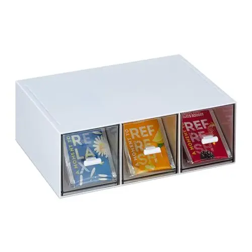 Produktbild: Relaxdays Tee Organizer, 3 Fächer, Kunststoff, vertikal oder horizontal, stapelbar, Teebeutelspender, weiß/transparent