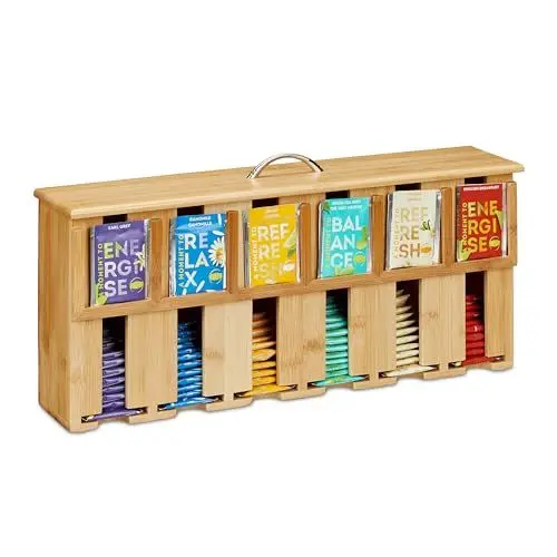 Produktbild: Relaxdays Teebeutelspender, 6 Fächer, Teebeutel Aufbewahrung, Bambus, Teebox, HxBxT: 22 x 46,5 x 10,5 cm, Natur/Silber