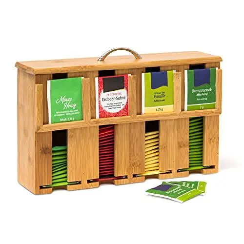 Produktbild: Relaxdays Teebeutelspender aus Bambus H x B x T: 22 x 33 x 10 cm Teebox für ca. 160 Teebeutel Teekiste mit abnehmbarem Deckel samt Griff Teebeutelbox mit 4 Fächern und Halter Teekasten Holz, natur