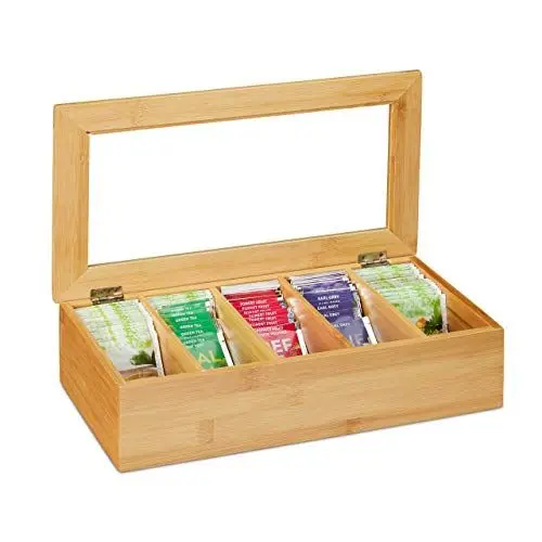 Produktbild: Relaxdays Teebox, 5 Fächer, Bambus, Teekiste mit Sichtfenster, Teebeutel, Kaffeepads, Teekasten HxBxT: 9x37x20 cm, natur, 10032168