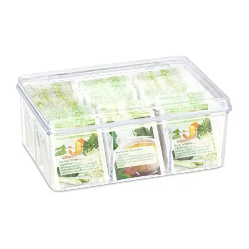 Produktbild: Relaxdays Teebox, 6 Fächer, 90 Teebeutel, Teedose mit Klappdeckel, Aromaschutz, HxBxT 9 x 21,5 x 14,5 cm, transparent