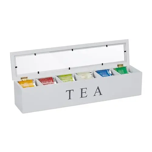 Produktbild: Relaxdays Teebox, 6 Fächer, Teebeutel Aufbewahrung, Bambus, Acryl, Teekiste mit Sichtfenster, HBT: 9 x 43,5 x 9 cm, weiß