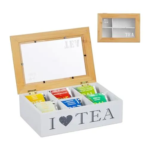 Produktbild: Relaxdays Teebox, 6 Fächer, Teebeutel Aufbewahrung, Bambus, Acryl, mit Sichtfenster, HxBxT: 7 x 23 x 16 cm, weiß/Natur