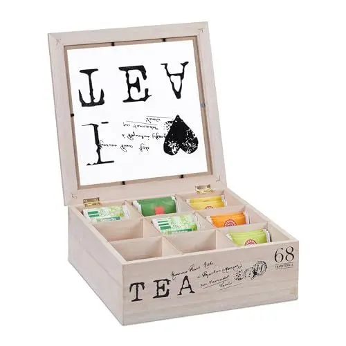 Produktbild: Relaxdays Teebox, 9 Fächer, HBT: 9 x 25 x 25 cm, Tee & Kaffeepads, MDF & Acryl, Teebehälter mit Deckel, natur/schwarz