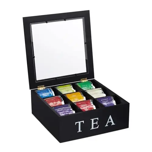 Produktbild: Relaxdays Teebox, 9 Fächer, Teebeutel Aufbewahrung, aus Bambus, Teekiste, Sichtfenster, HBT 9x23,5x23,5 cm, schwarz/weiß