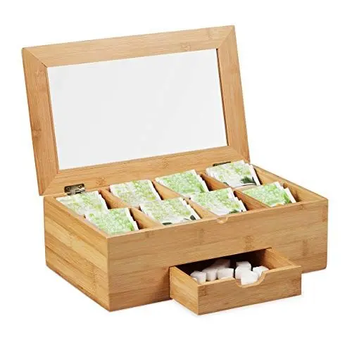 Produktbild: Relaxdays Teebox Bambus, Sichtfenster im Deckel, 8 Fächer, Teekiste mit Schublade, Teebeutelbox HxBxT 11x33x20 cm, natur