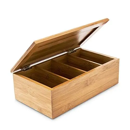 Produktbild: Relaxdays Teebox HBT: 9 x 28,5 x 16 cm Teekiste aus Bambus mit aufklappbarem Deckel Teedose mit 4 Fächern für circa 80 Teebeutel als Teebeutelbox und Schmuckkästchen aus Holz kein Aromaverlust, natur