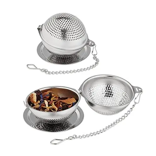 Produktbild: Relaxdays Teeei, 2er Set, Edelstahl, Teekugel für losen Tee, engmaschiges Teesieb, mit Abtropfschale, Ø 4,5 cm, silber