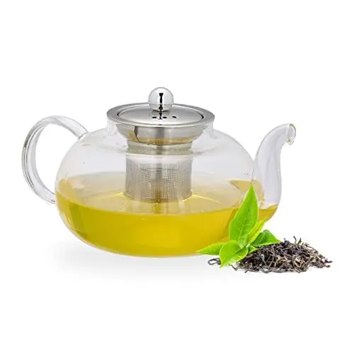 Produktbild: Relaxdays Teekanne mit Siebeinsatz, 1 Liter, Borosilikatglas, Edelstahl, Glaskanne für losen Tee, transparent/silber