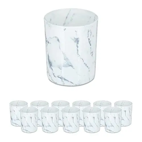 Produktbild: Relaxdays Teelichtgläser, 12er Set, Teelichthalter aus Glas, Schlichte Marmor-Optik, H x D: 8,5 x 7 cm, Deko, weiß/grau
