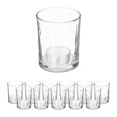 Produktbild: Relaxdays Teelichtgläser, 12er Set, Teelichthalter aus Glas, Schlichte Votivgläser, H x D: 8,5 x 7 cm, Deko, transparent