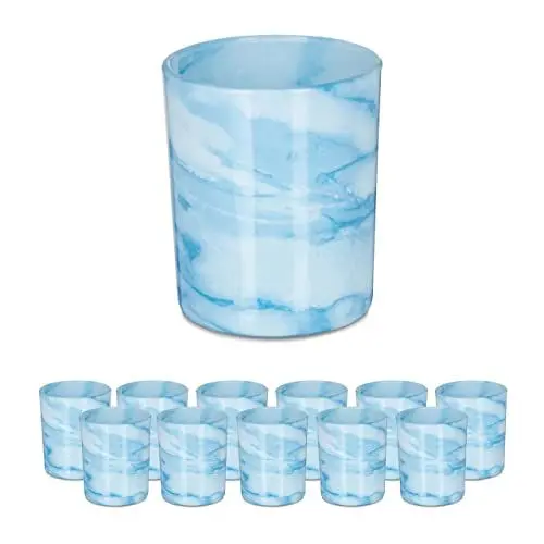 Produktbild: Relaxdays Teelichtgläser, 12er Set, Teelichthalter aus Glas, Schlichtes Design, H x D: 8,5 x 7 cm, Deko, blau/Creme