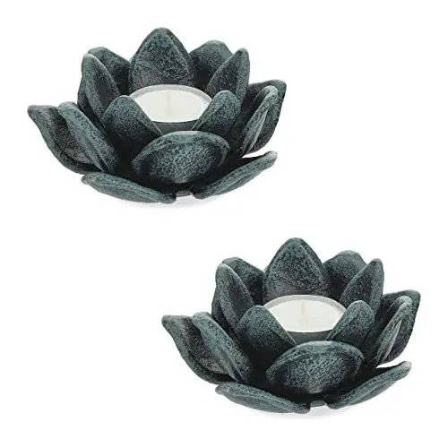 Produktbild: Relaxdays Teelichthalter, 2er Set, Lotusblüten-Form, Kerzenhalter Gusseisen, drinnen & draußen, HxD: 5,5 x 11 cm, grün