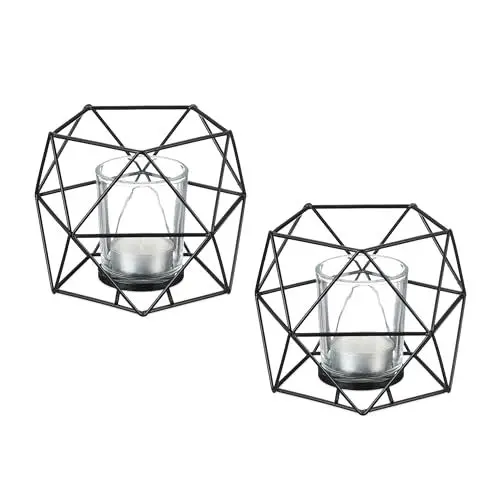 Produktbild: Relaxdays Teelichthalter, 2er Set, Metall, geometrisch, H x B x T: 10 x 13 x 12 cm, Kerzenständer mit Votivglas, schwarz