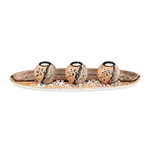 Produktbild: Relaxdays Teelichthalter Set, Kerzenschale, Dekokies, runde Kerzenhalter, stimmungsvolle Tischdeko, 51,5 cm lang, braun