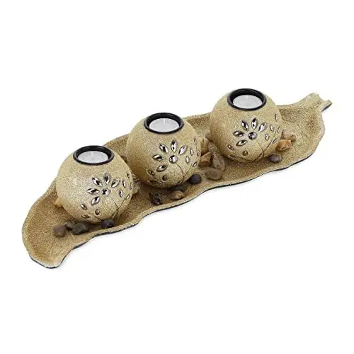 Produktbild: Relaxdays Teelichthalter Set mit Schale & Dekosteinen, 50 cm lang, Esszimmer, Wohnzimmer Tischdeko, Kerzenhalter, Gold